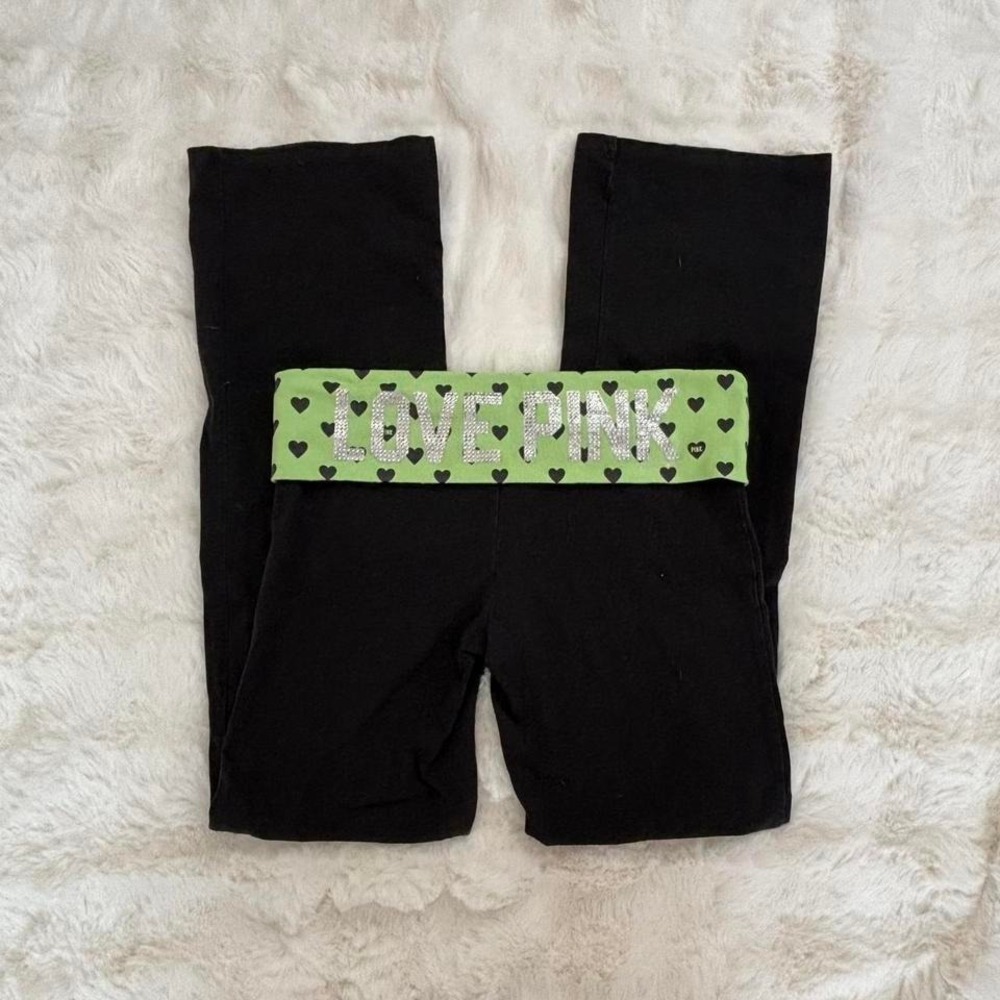 victoria's secret pink yoga fold over flare pants green hearts - Picture 8 of 8